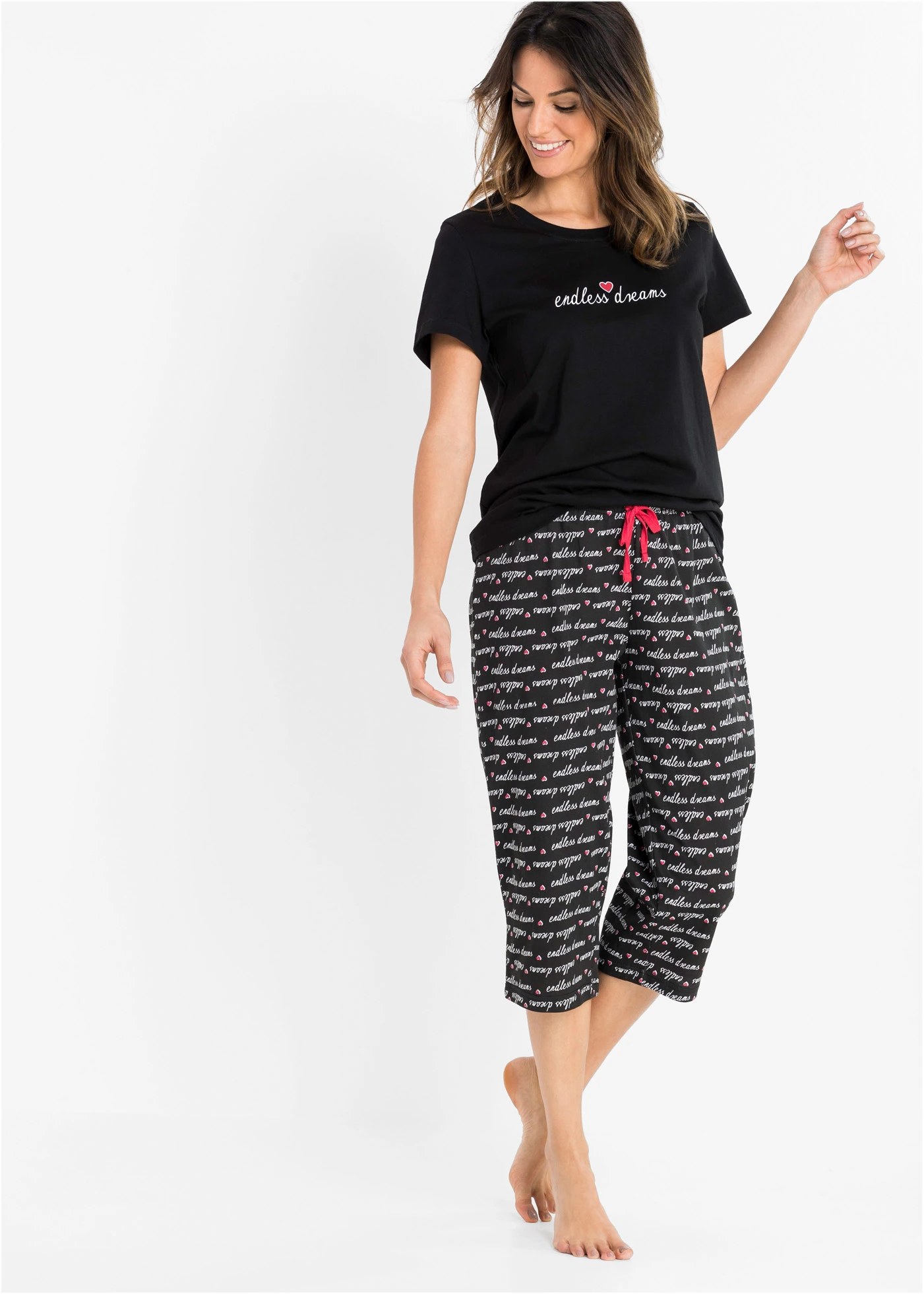 Pijama capri din bumbac 100% • negru cu imprimeu • magazin bonprix