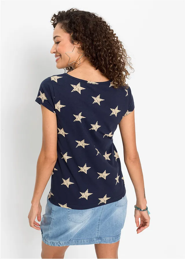 T-shirt 100% coton imprimé étoiles, Couleur: bleu foncé-beige imprimé