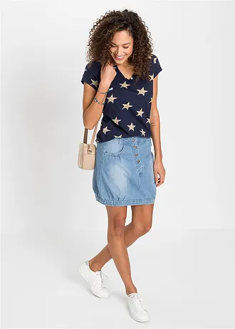 T-shirt 100% coton imprimé étoiles • bleu foncé/beige imprimé • Boutique bonprix