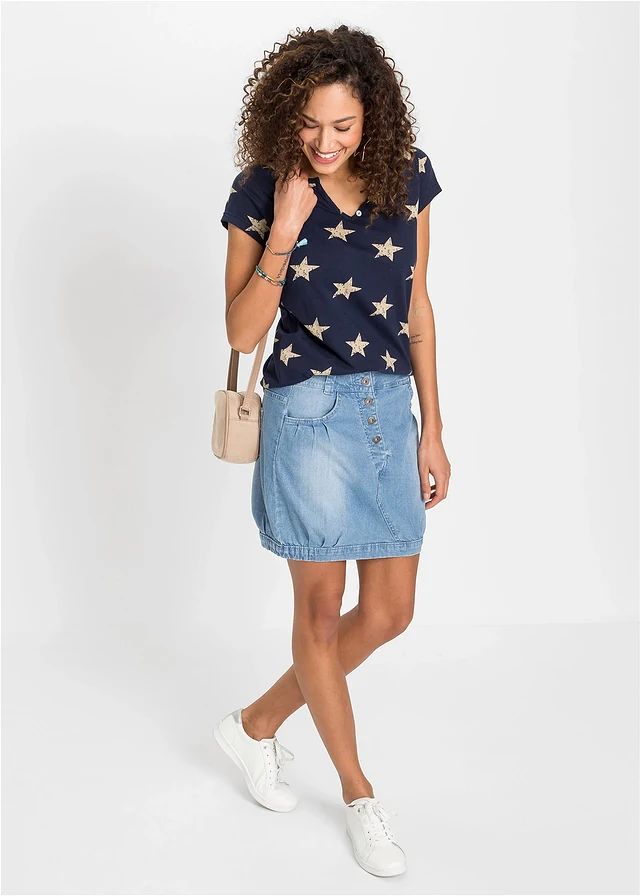 T-shirt 100% coton imprimé étoiles, Couleur: bleu foncé-beige imprimé