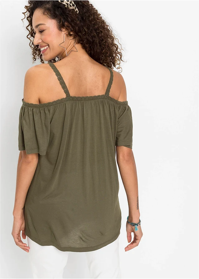 T-shirt à épaules dénudées en viscose douce, Couleur: olive foncé