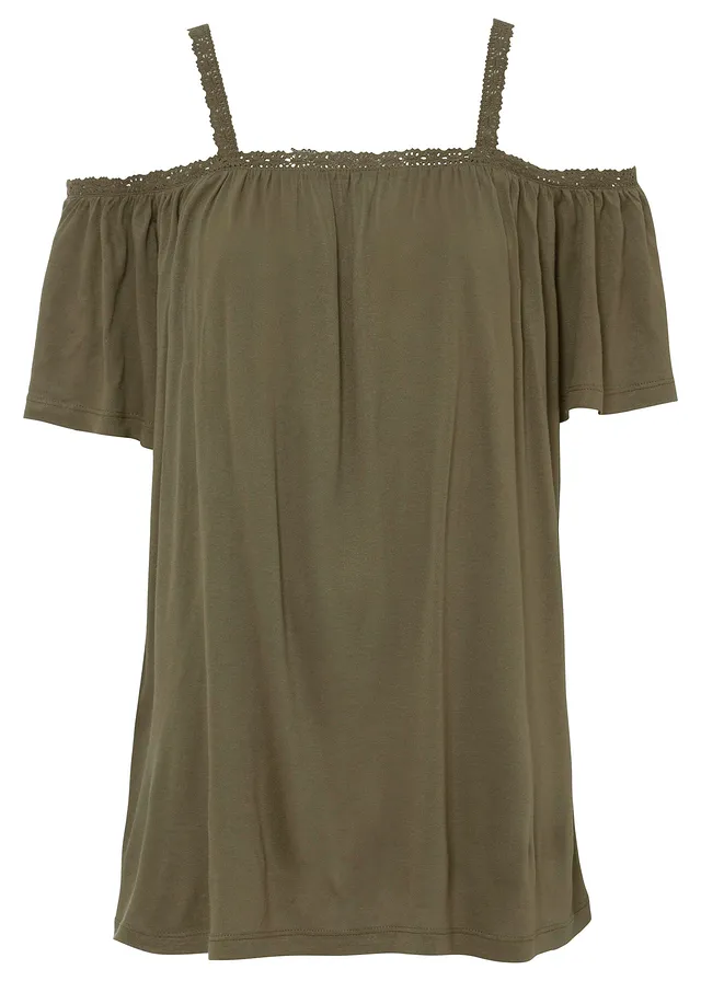 Cold shoulder shirt met kant, Kleur: olijfgroen