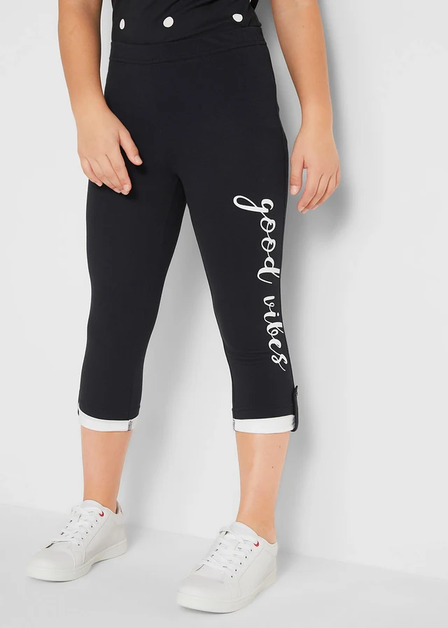Legging 3/4 fille en coton extensible, Couleur: noir / blanc