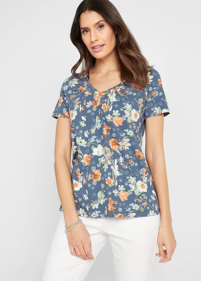 Shirt met print, korte mouw, Kleur: indigo gebloemd