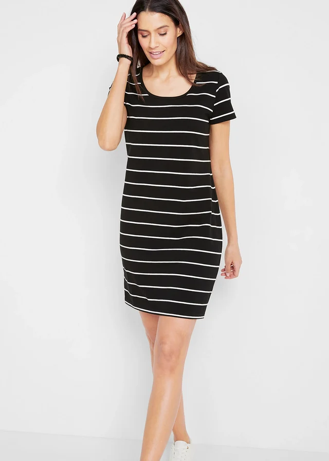 Stretch jersey jurk, korte mouw • zwart/wit gestreept • product-page.page-title-suffix