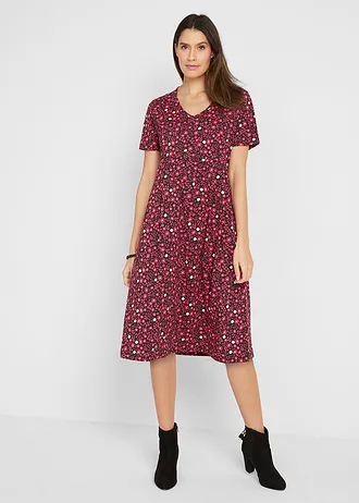Robe midi en jersey coton, Couleur: noir/rouge grenade floral