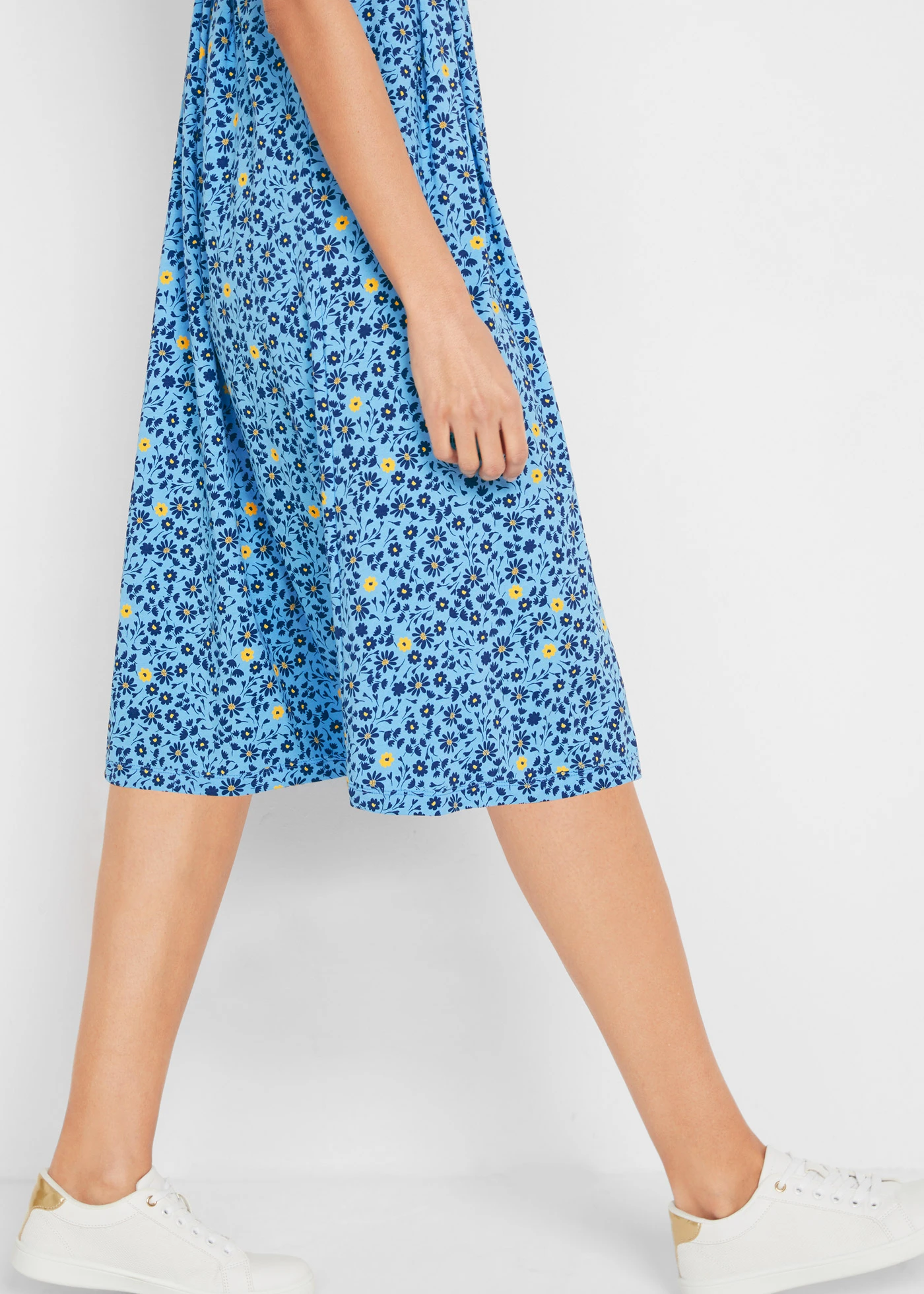 Robe midi en jersey coton • bleu layette/jaune tulipe floral • Boutique bonprix