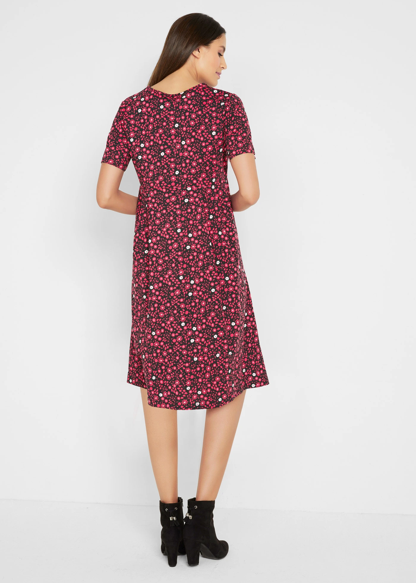 Rochie midi din jerse de bumbac • negru/roșu-rodie floral • magazin bonprix