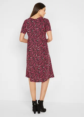 Rochie midi din jerse de bumbac • negru/roșu-rodie floral • magazin bonprix