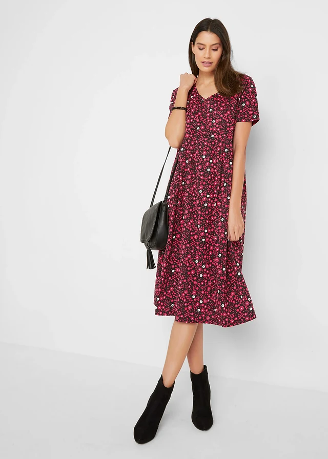 Robe midi en jersey coton, Couleur: noir/rouge grenade floral