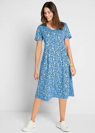 Robe midi en jersey coton, Couleur: bleu layette-jaune tulipe floral