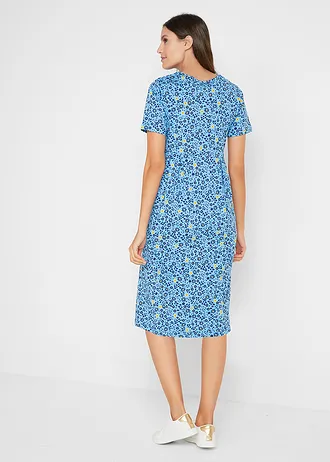 Robe midi en jersey coton, Couleur: bleu layette-jaune tulipe floral