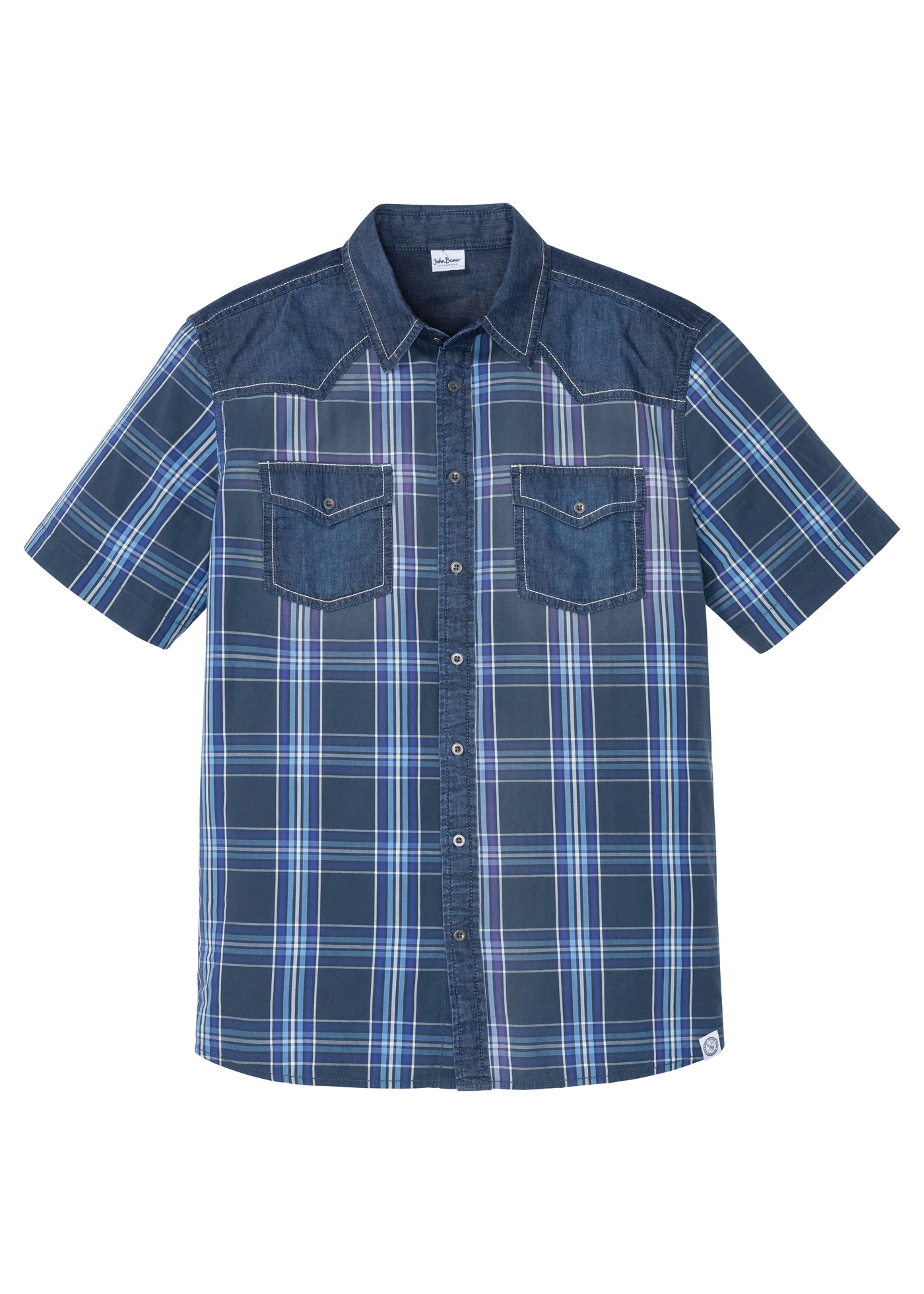 Chemise manches courtes 100% coton avec détails en jean • bleu carreaux • Boutique bonprix