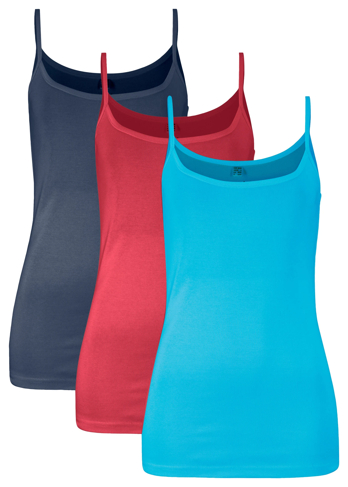 Lot de 3 tops à fines bretelles 100% coton • rouge vermillon + turquoise + bleu foncé • Boutique bonprix
