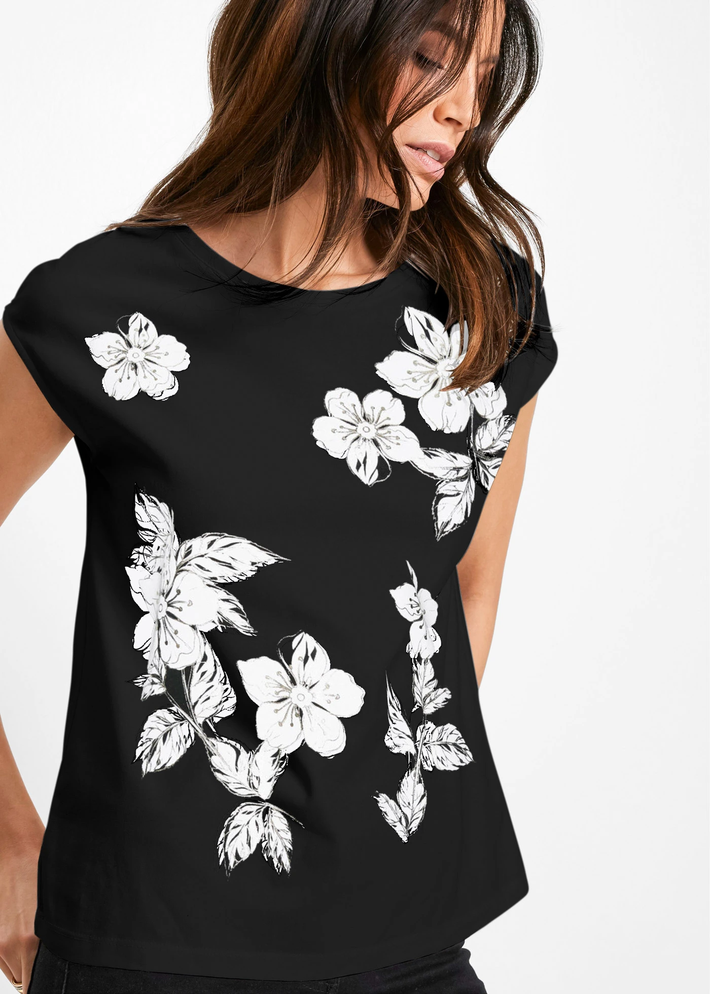 Triko s květovým vzorem • černo-bílo-stříbrná s květy • bonprix obchod