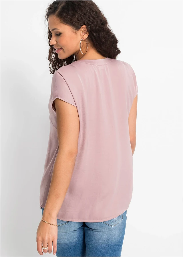 Satijnen tuniek met korte mouwen en oversized schouders, Kleur: rozenhout
