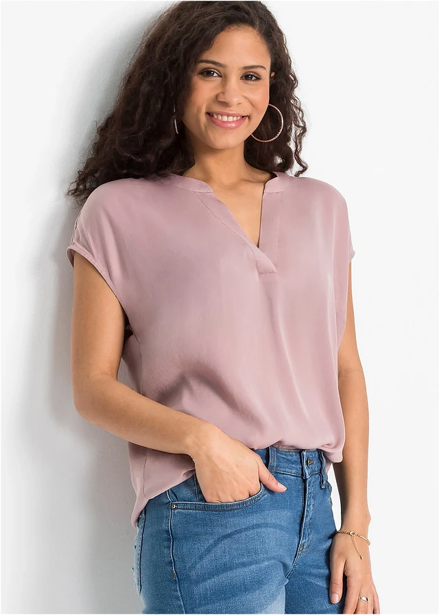 Satijnen tuniek met korte mouwen en oversized schouders, Kleur: rozenhout
