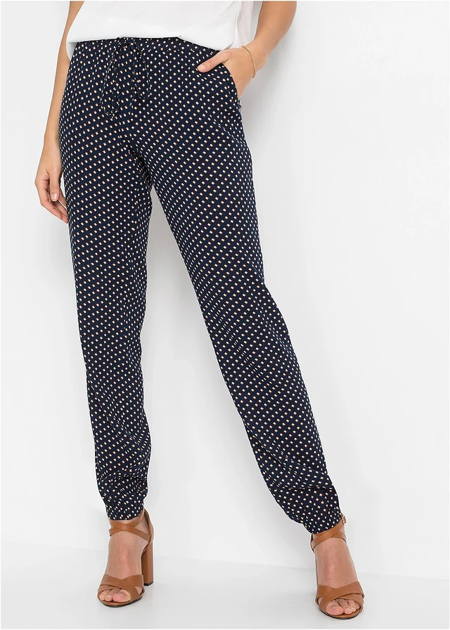 Pantalon 100% viscose, taille élastiquée, Couleur: bleu foncé graphique