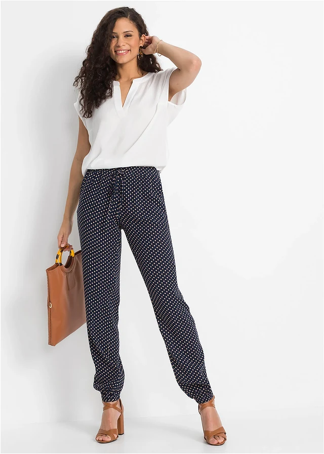 Pantalon 100% viscose, taille élastiquée, Couleur: bleu foncé graphique