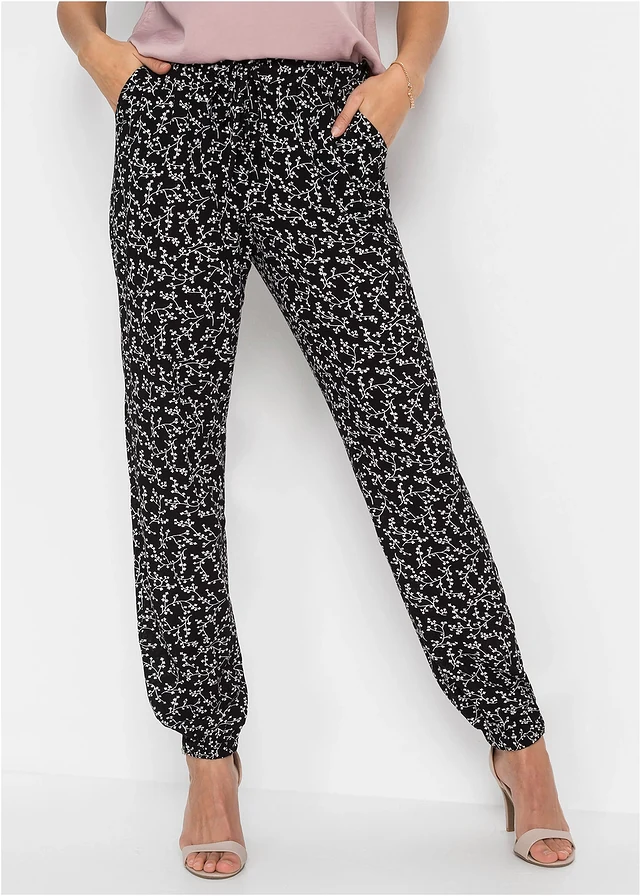 Instapbroek van viscose, Kleur: zwart/wolwit gebloemd