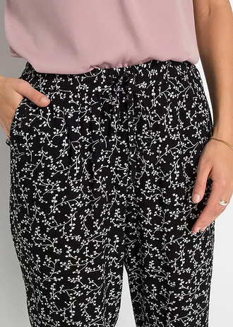 Kalhoty bez zapínání z čisté viskózy • černo-přírodní bílá s květy • bonprix obchod