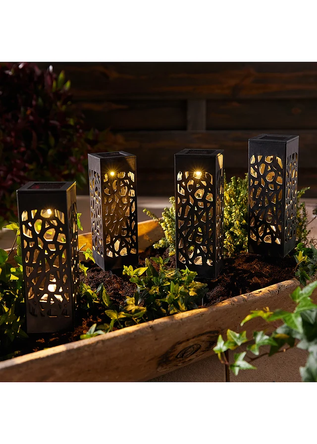 Lot de 4 piquets de jardin solaires avec ornements, Couleur: noir