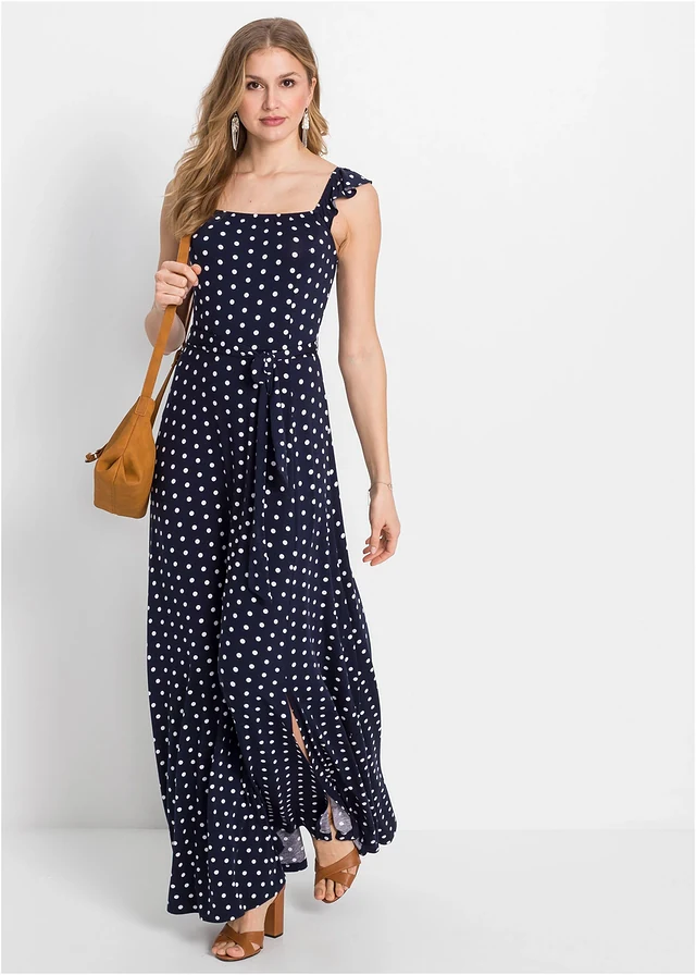 Robe longue en viscose, Couleur: bleu foncé pois