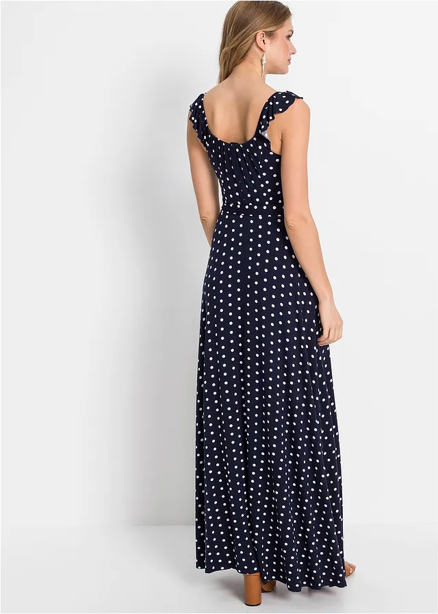 Robe longue en viscose, Couleur: bleu foncé pois