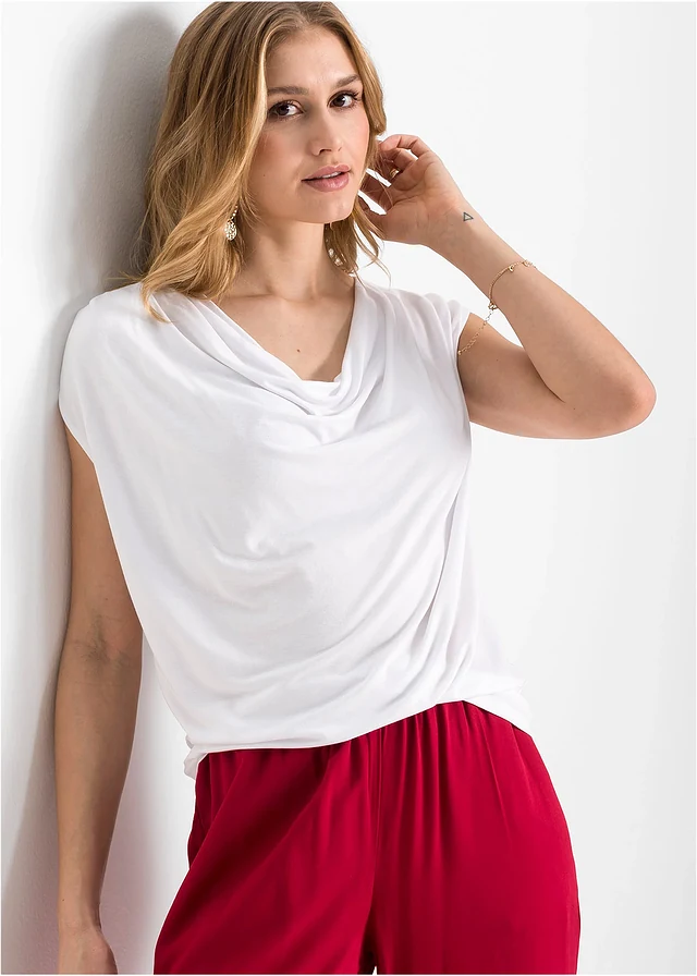 T-shirt col bénitier en viscose extensible, Couleur: blanc