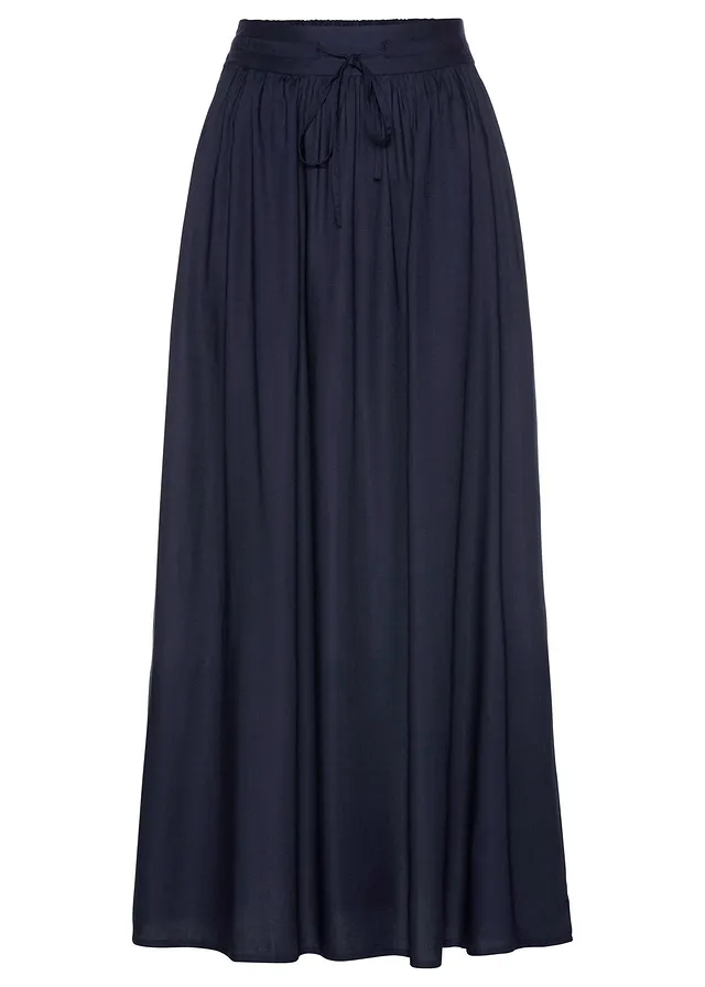 Maxirok van viscose met comfortband en strikkoordjes, Kleur: donkerblauw
