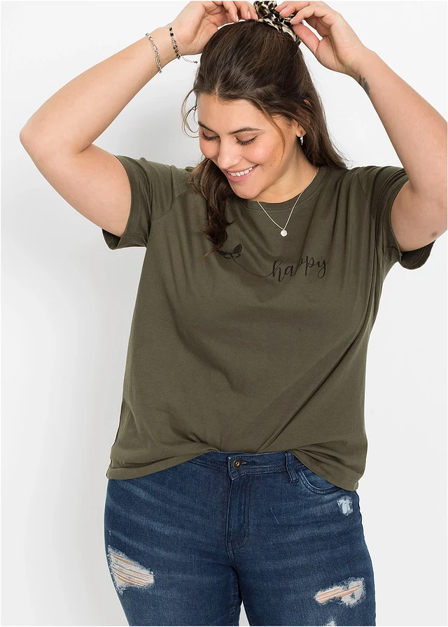 T-shirt 100% coton, Couleur: olive foncé imprimé