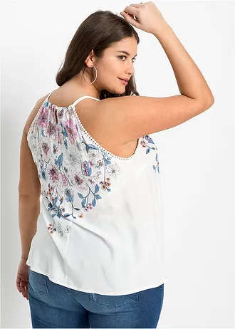 Blousetop van vloeiende viscose, Kleur: wolwit gebloemd