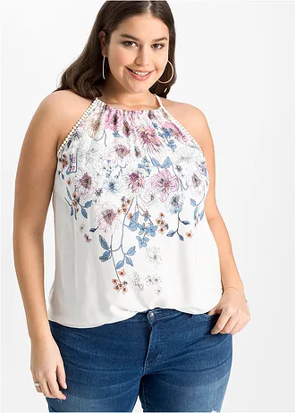 Blousetop van vloeiende viscose, Kleur: wolwit gebloemd