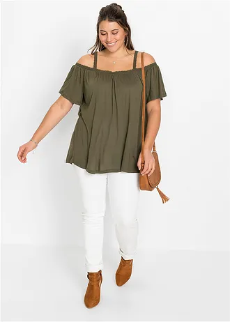 Cold shoulder shirt met kant, Kleur: olijfgroen
