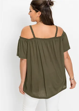 Cold shoulder shirt met kant, Kleur: olijfgroen