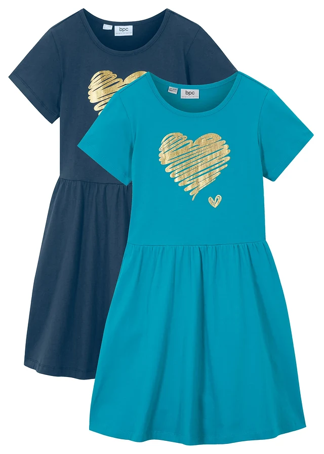 Jersey jurk van biologisch katoen (set van 2), Kleur: donkerblauw+donkerturkoois