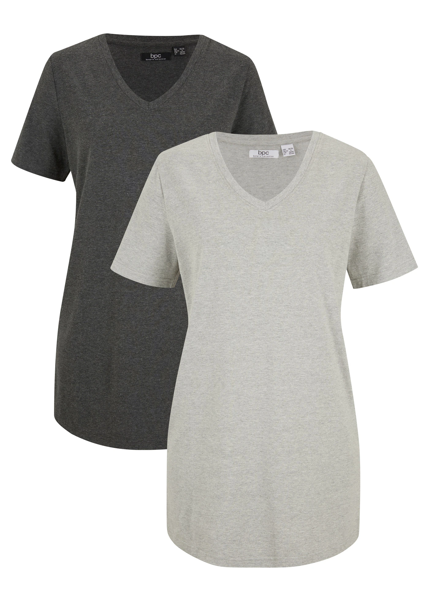 Lot de 2 T-shirts longs col V • gris clair chiné + anthracite chiné • Boutique bonprix