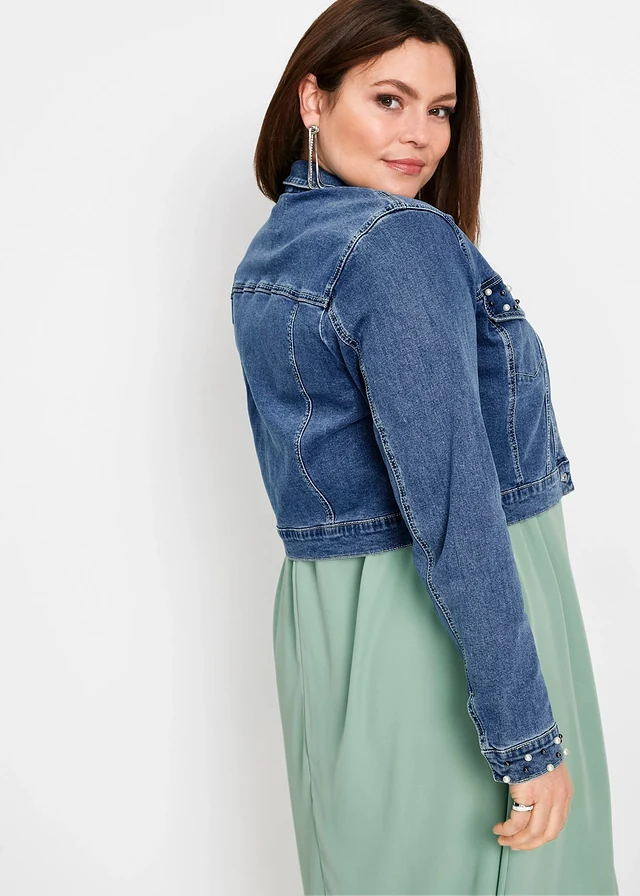 Denim bolero met parels, Kleur: blauw denim