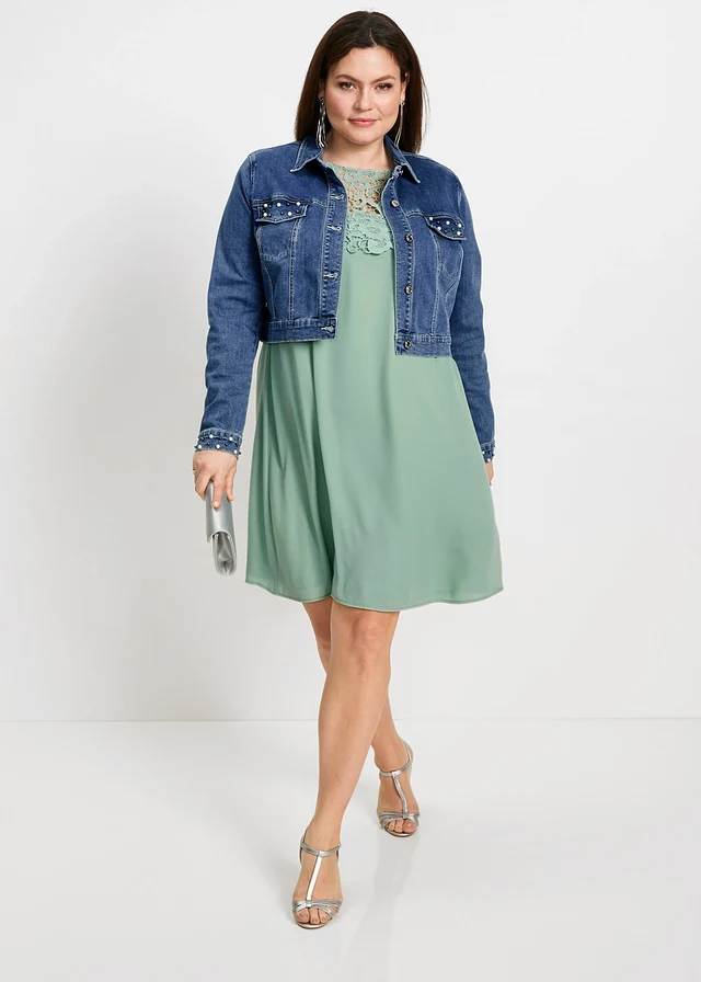 Boléro en jean avec perles, Couleur: bleu denim