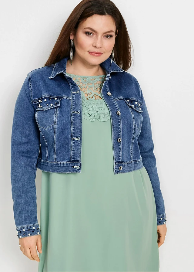 Denim bolero met parels, Kleur: blauw denim