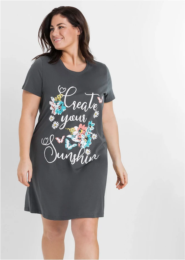 Lot de 2 chemises de nuit courtes 100% coton, Couleur: gris ardoise/turquoise foncé imprimé