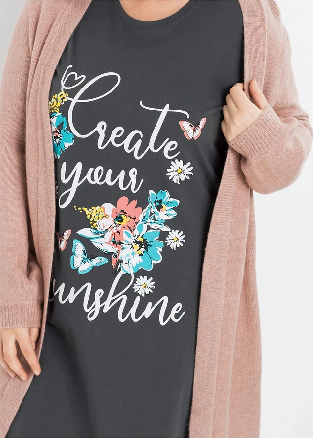 Lot de 2 chemises de nuit courtes 100% coton, Couleur: gris ardoise/turquoise foncé imprimé