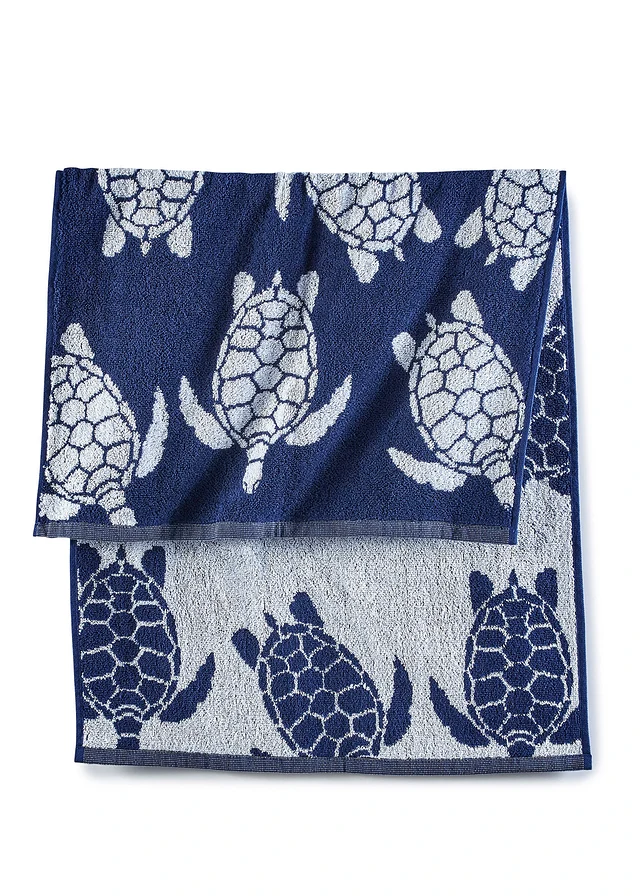 Serviette de toilette pur coton motif tortue, Couleur: bleu