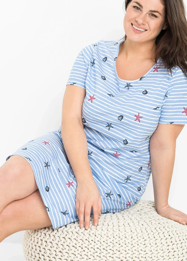 Chemise de nuit courte 100% coton, Couleur: bleu nacré imprimé