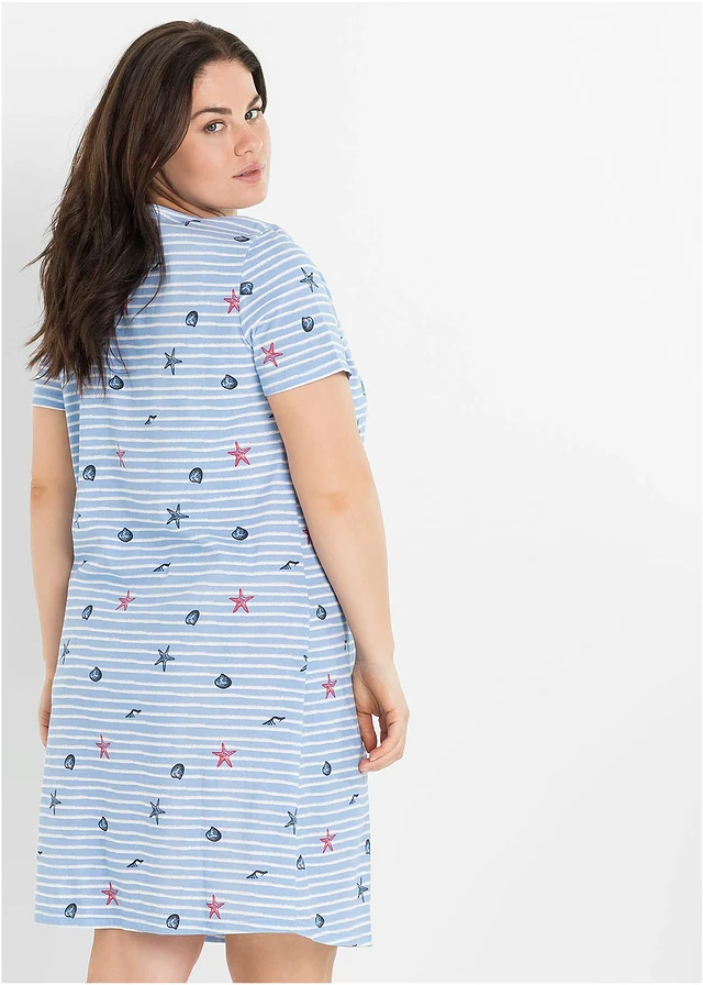 Chemise de nuit courte 100% coton, Couleur: bleu nacré imprimé