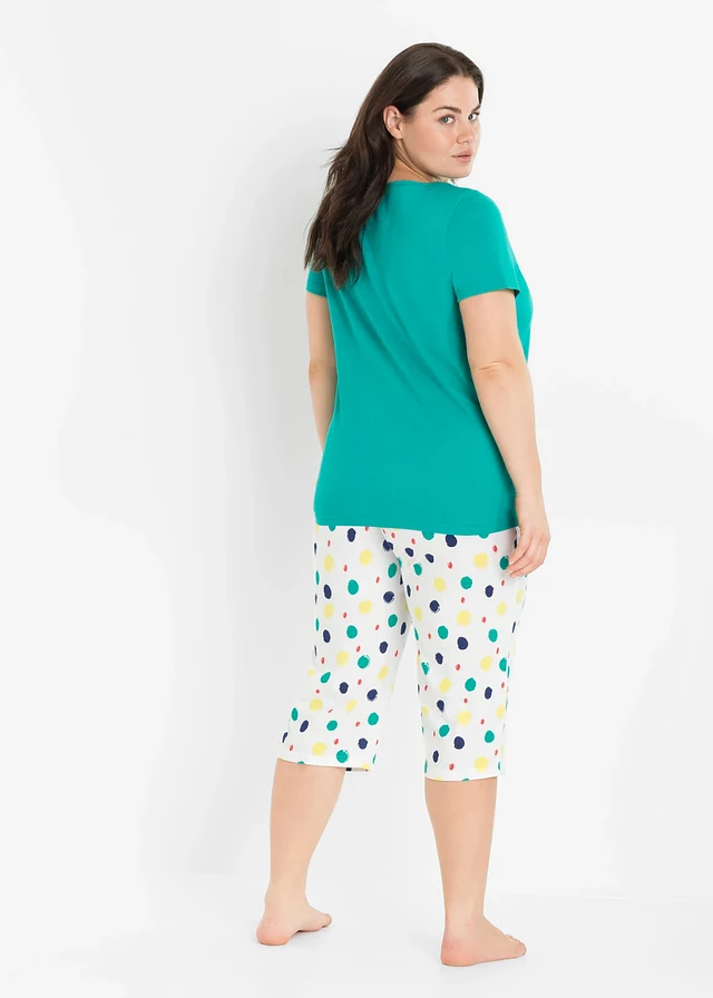 Capri pyjama van puur katoen, Kleur: smaragd gestippeld