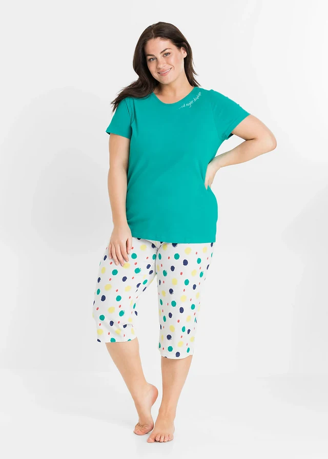 Pyjama corsaire 100% coton, Couleur: émeraude pois