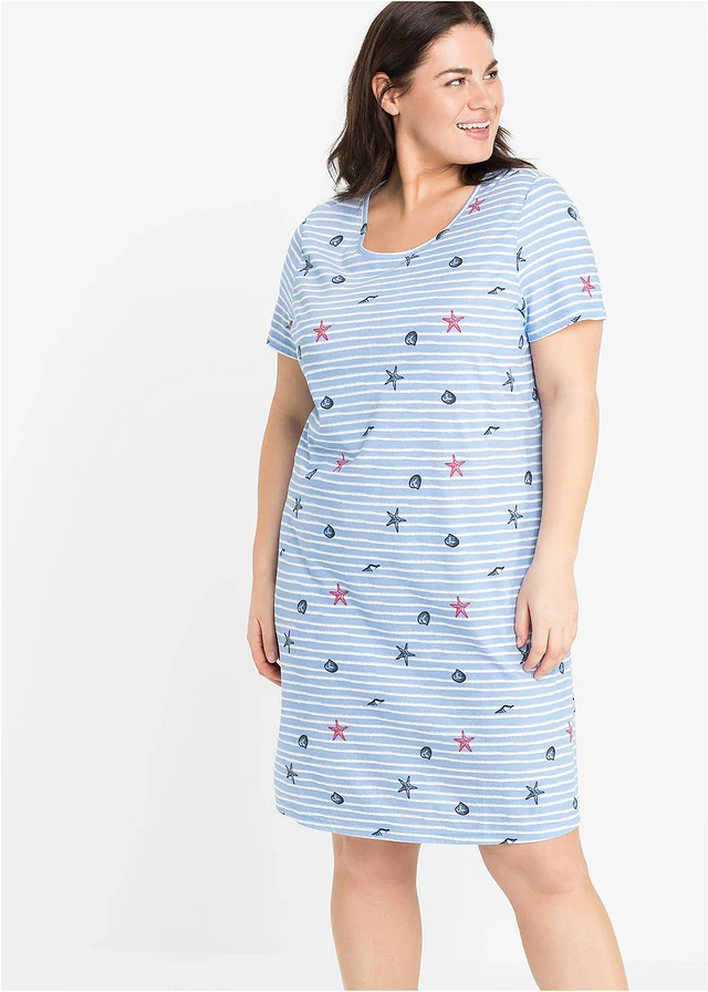 Chemise de nuit courte 100% coton, Couleur: bleu nacré imprimé