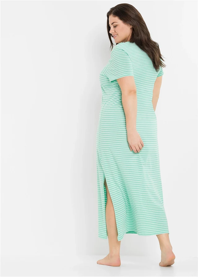 Chemise de nuit longue 100% coton, Couleur: menthe glaciale/blanc rayé