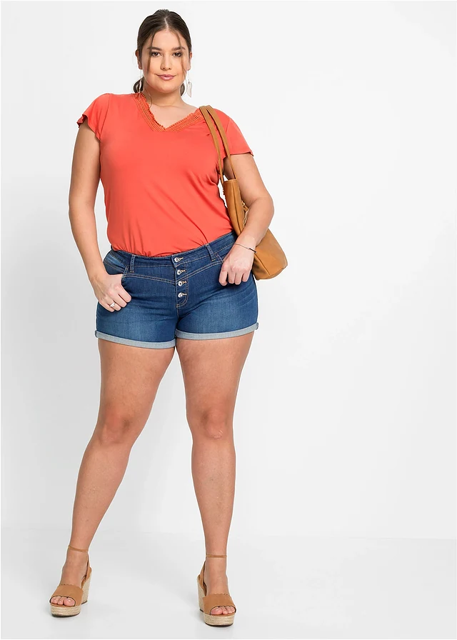 Jeans short, mid waist, Kleur: blauw denim used